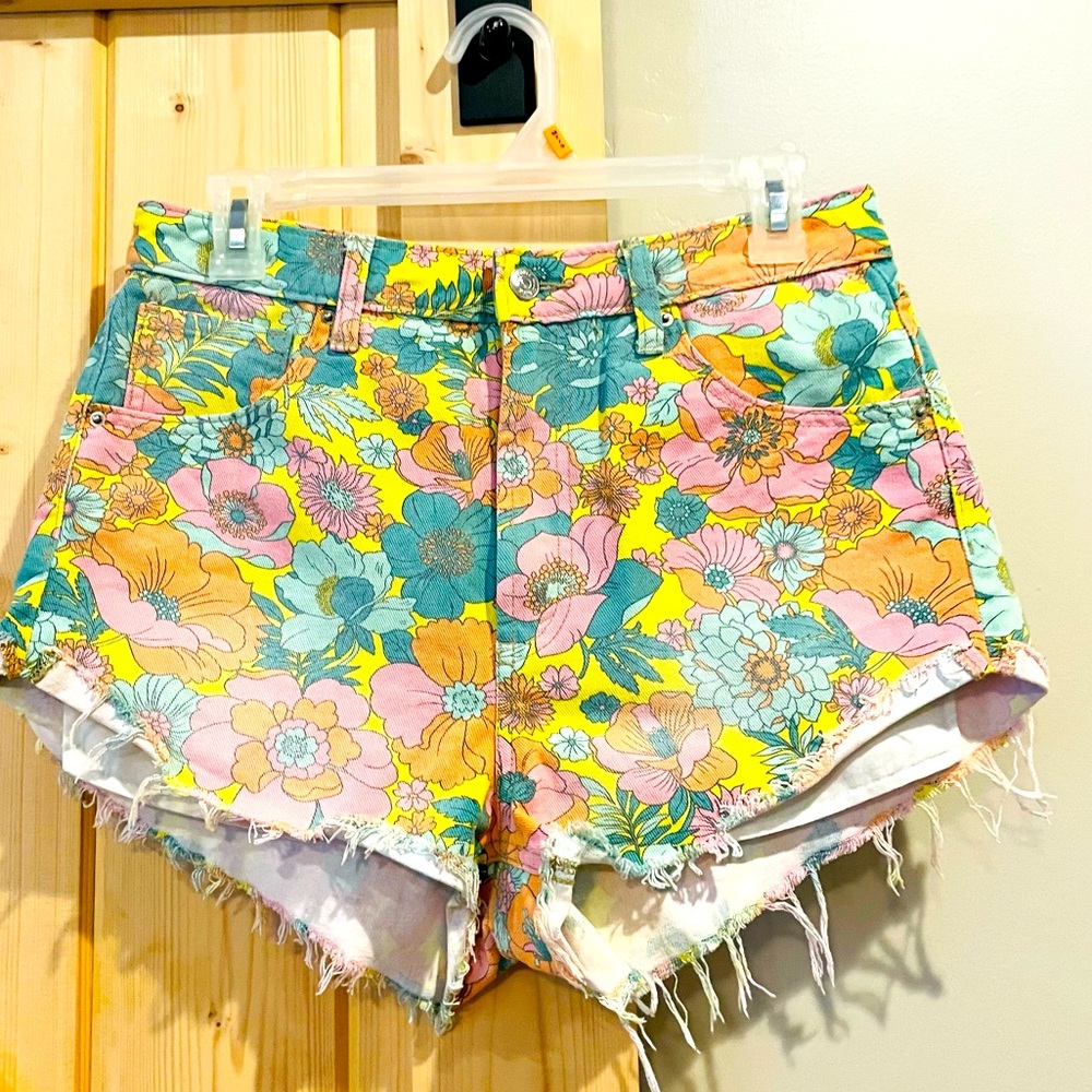 Denim floral high rise cheeky shorts